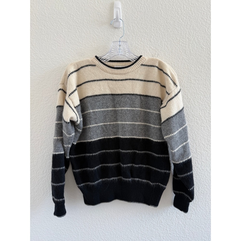 Liz Claiborne Vintage Lambswool Angora Striped Crewneck Sweater Gray Black Small